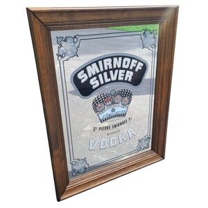 Vintage Smirnoff Silver Vodka Bar Mirror Wood Frame Promo Unused Original Box